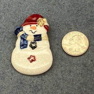 Christmas Pin Brooch Snowman Ceramic White Crazed Red Hat Star Blue Scarf Gold